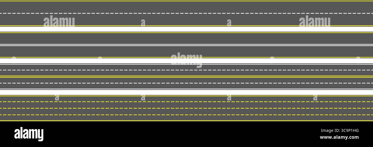 Vue de dessus du jeu de marquages routiers. Ensemble de lignes d'autoroute et de pistes de course. Pack route sans coutures. La ville ou la ville asphalte de trottoir répété patten. Ensemble de bandes de roulement horizontales. Vecteur Illustration de Vecteur