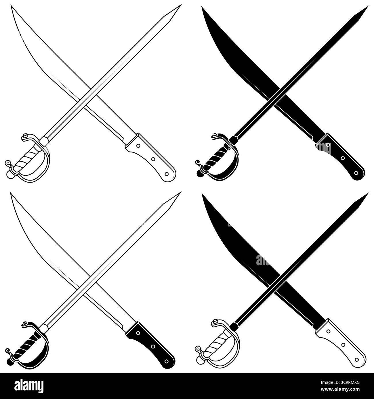 Arme froide avec lame métallique, machette et épée, épées utilisées dans la pratique de l'escrime, machette pour le travail agricole Illustration de Vecteur