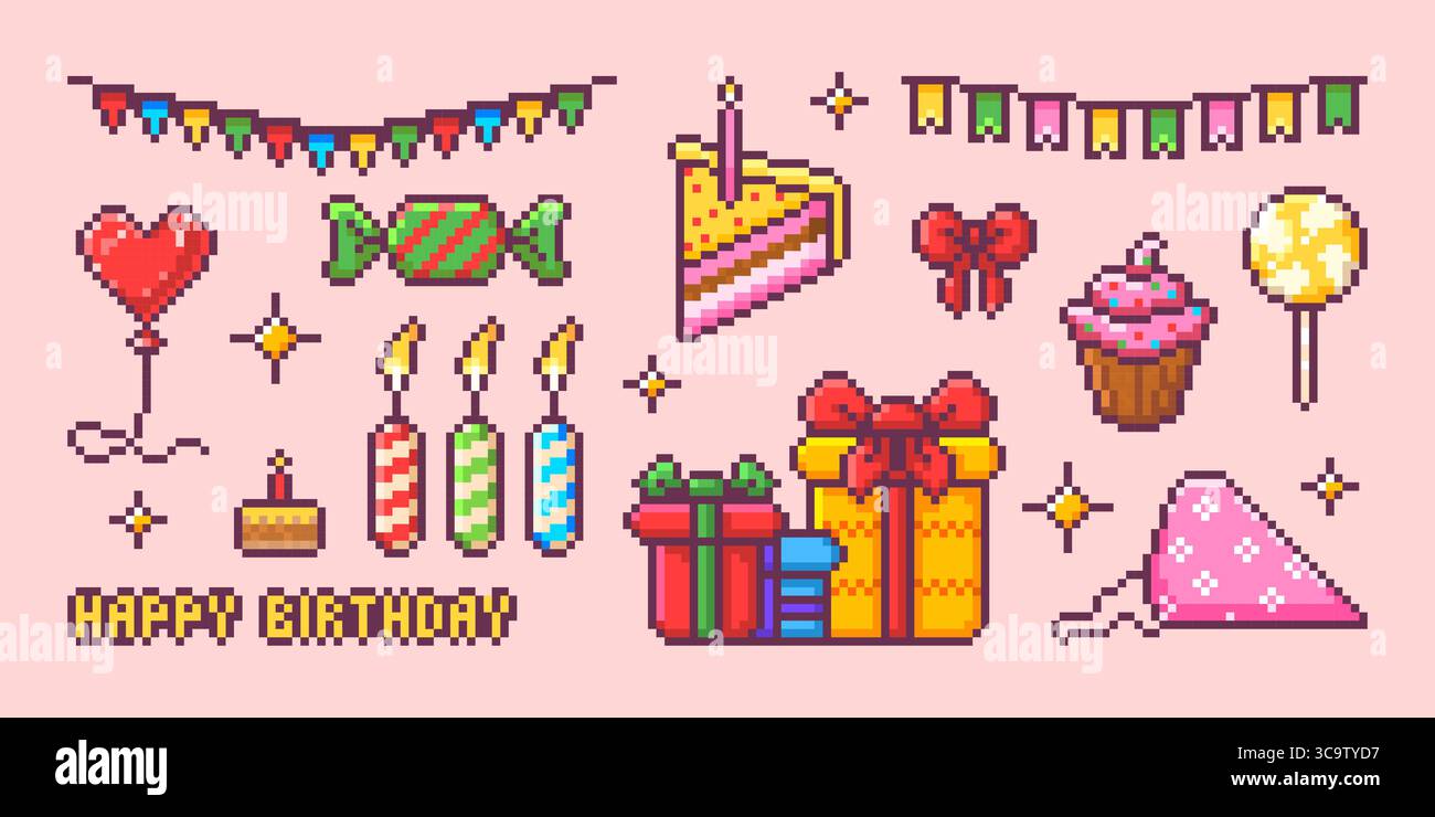 Set de fête d'anniversaire pixel avec drapeaux colorés, ballon coeur, bonbons emballés, bougies et tranche de gâteau pour la conception de jeu festif. Coffrets cadeaux, cupcake et chapeau de fête. Collection de célébration rétro 8 bits. Illustration de Vecteur