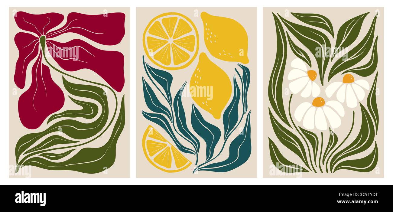 Imprimés abstraits avec des feuilles botaniques groovy et des formes organiques fluides pour les intérieurs modernes. Fleurs audacieuses, citrons et marguerites avec feuillage ondulé dans des couleurs vives. Ensemble d'illustrations de la nature de style rétro. Illustration de Vecteur