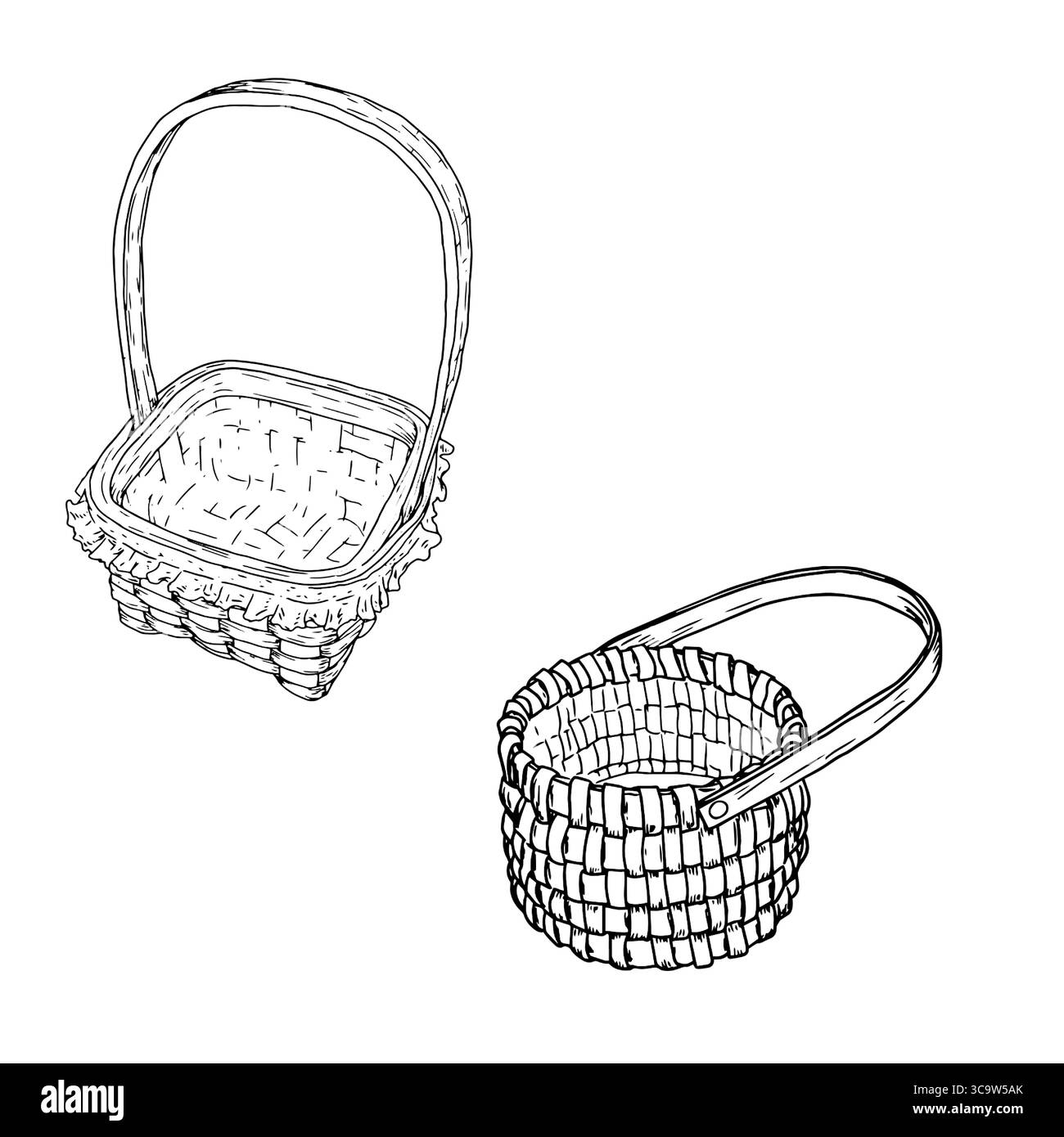 Un panier en osier fait de vignes avec une poignée, un ensemble de silhouettes noires et blanches. Illustration vectorielle. Esquisse un panier pour la cueillette des champignons et Illustration de Vecteur