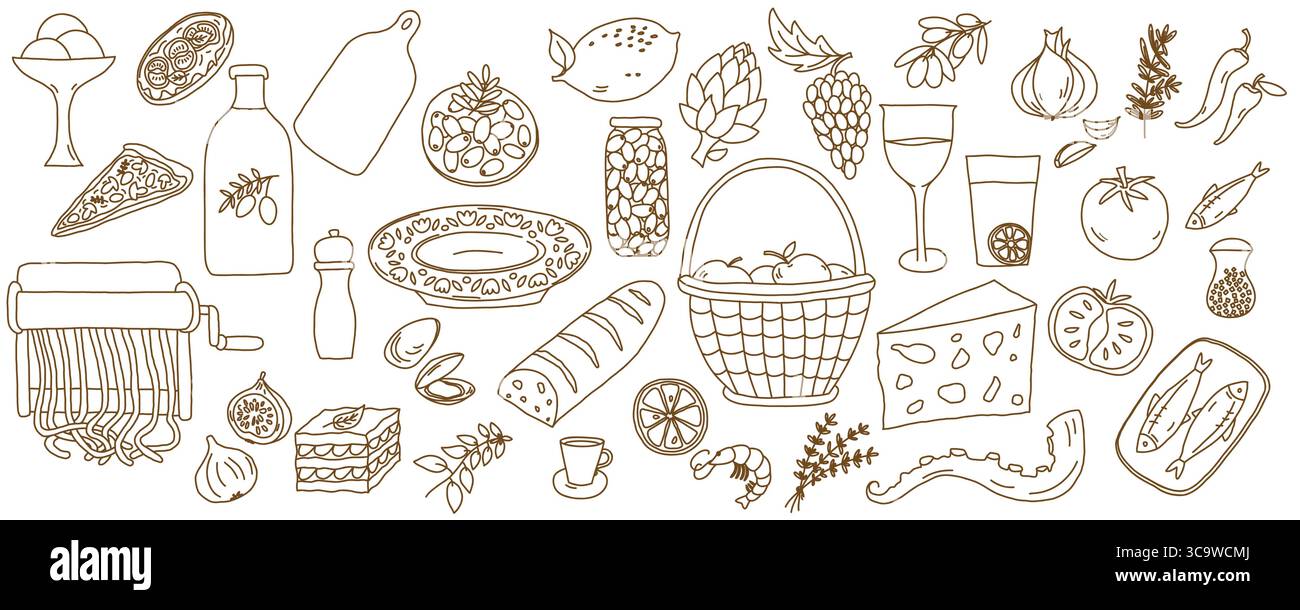 Ensemble d'illustration d'esquisse de nourriture et de boisson méditerranéenne dessinée à la main Illustration de Vecteur
