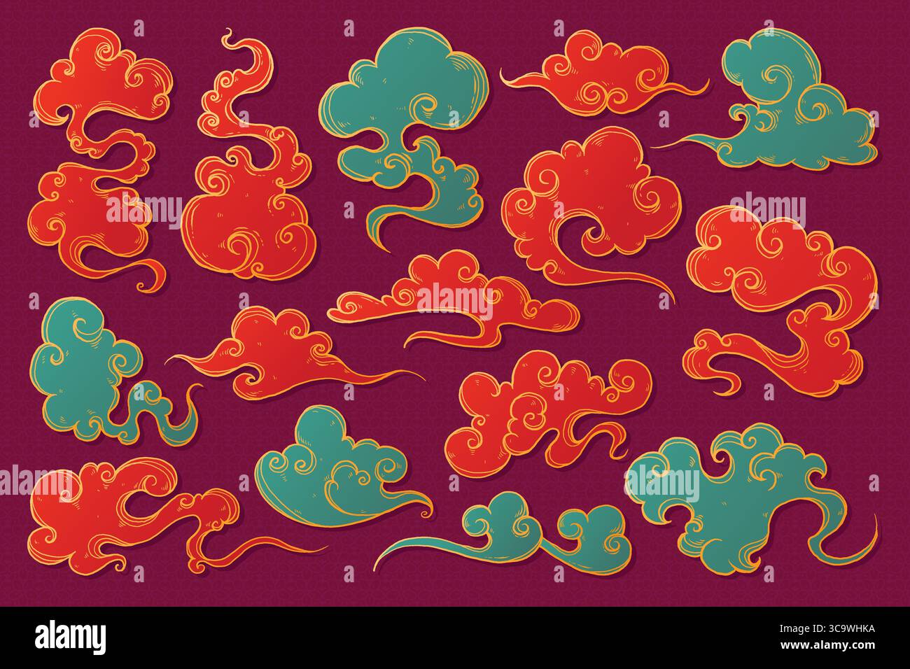 Collection Cloud dans le style japonais et chinois dessiné à la main. Ensemble asiatique traditionnel de nuages ondulés rouges et sarcelle avec contour doré. Ensemble décoratif élégant Illustration de Vecteur