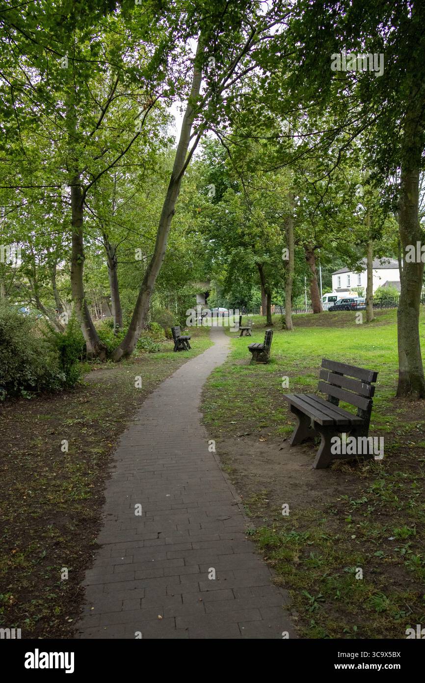 Paisible chemin de parc bordé de bancs en bois et d'arbres verdoyants un jour d'été Banque D'Images