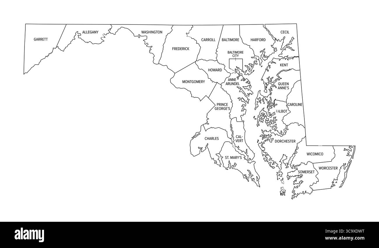 État du Maryland, subdivisé en 23 comtés et la ville indépendante de Baltimore, plan. État de la région Mid-Atlantic des États-Unis. Banque D'Images
