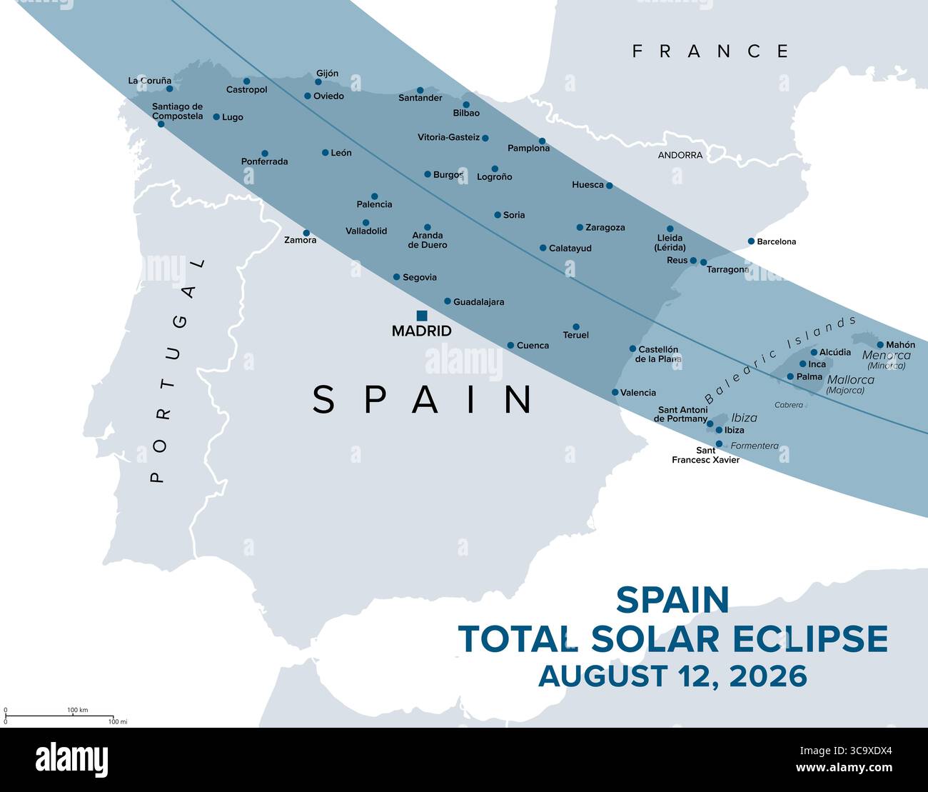 Espagne, éclipse solaire totale, 12 août 2026, chemin de la totalité, carte avec les villes. Lune obscurcissant complètement le soleil, traversant d'ouest en est. Banque D'Images