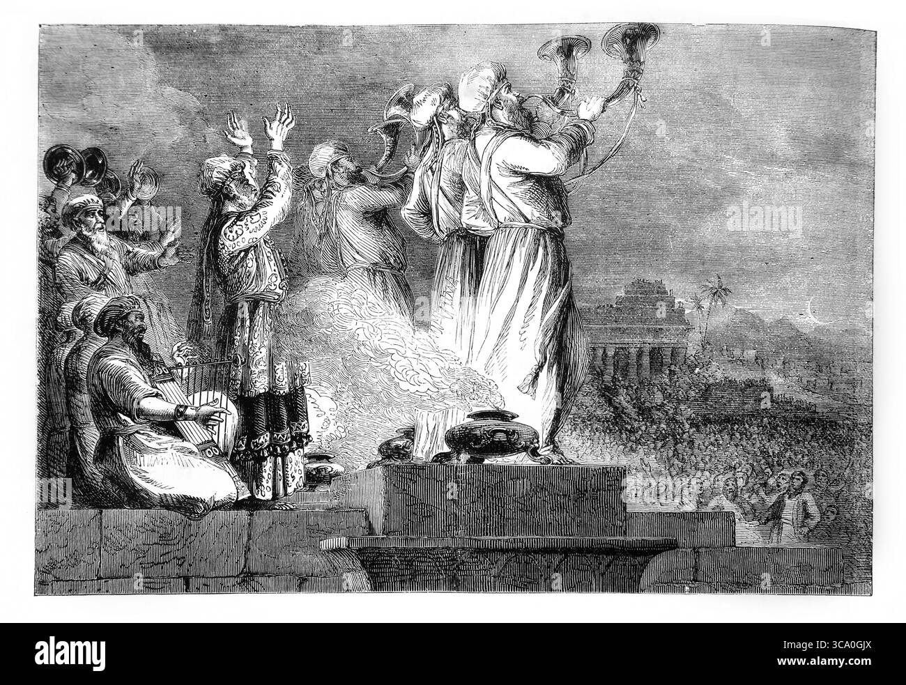 Illustration du Psaume LXXXI.3 prêtres soufflant la trompette à la nouvelle lune comme appel au jour de la Fête. De l'antique 19ème siècle la Sainte Bible contenant le Banque D'Images