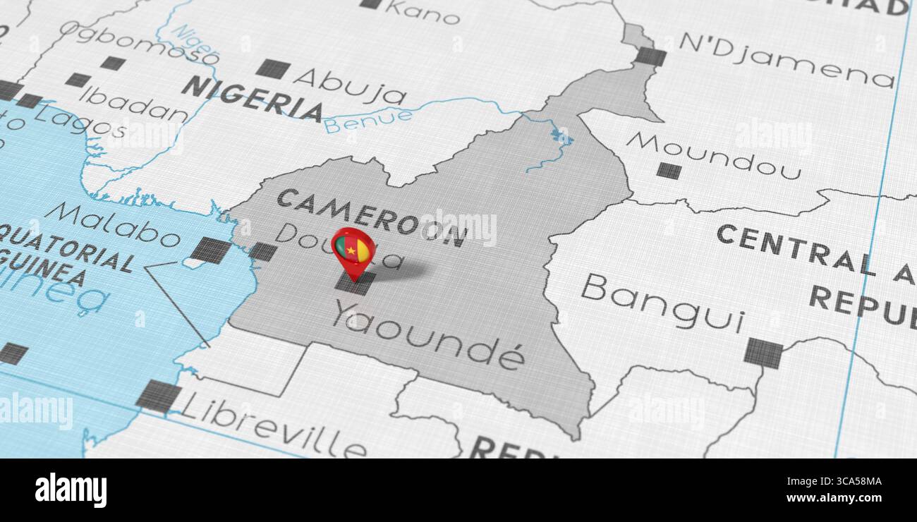 Cameroun, Yaoundé - épingle de localisation avec drapeau national sur la carte politique - illustration 3D. Banque D'Images