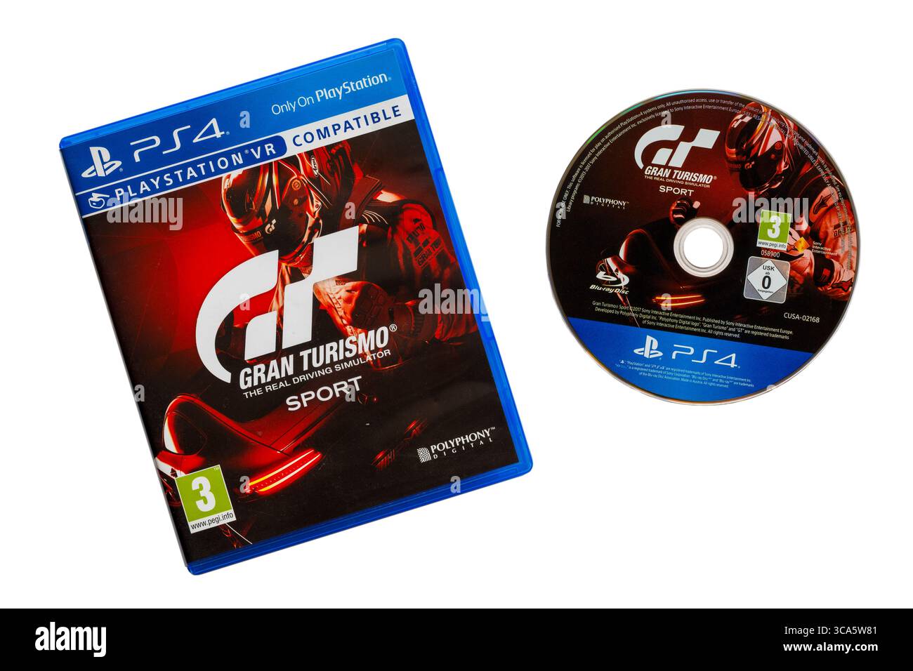 Jeu PlayStation PS4 - jeu vidéo Gran Turismo avec disque retiré de l'étui isolé sur fond blanc Banque D'Images