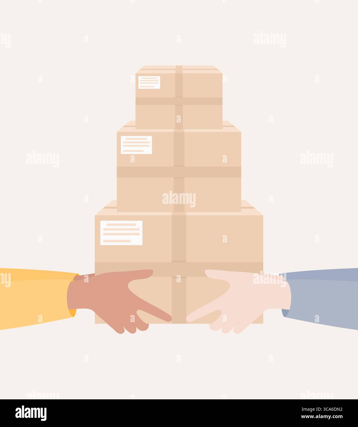 Deux paires de mains tenant une pile de boîtes de livraison. Coursier remettant des colis à un client. Illustration vectorielle plate Illustration de Vecteur