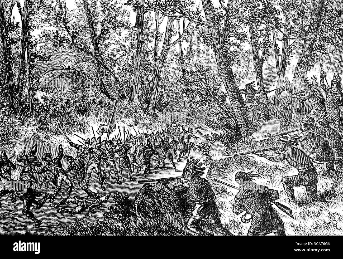 La guerre française et indienne 1754-1763. Illustration montrant les forces britanniques sous le feu des forces françaises et indiennes à Monongahela, lorsque l'expédition Braddock échoua à prendre Fort Duquesne. Banque D'Images