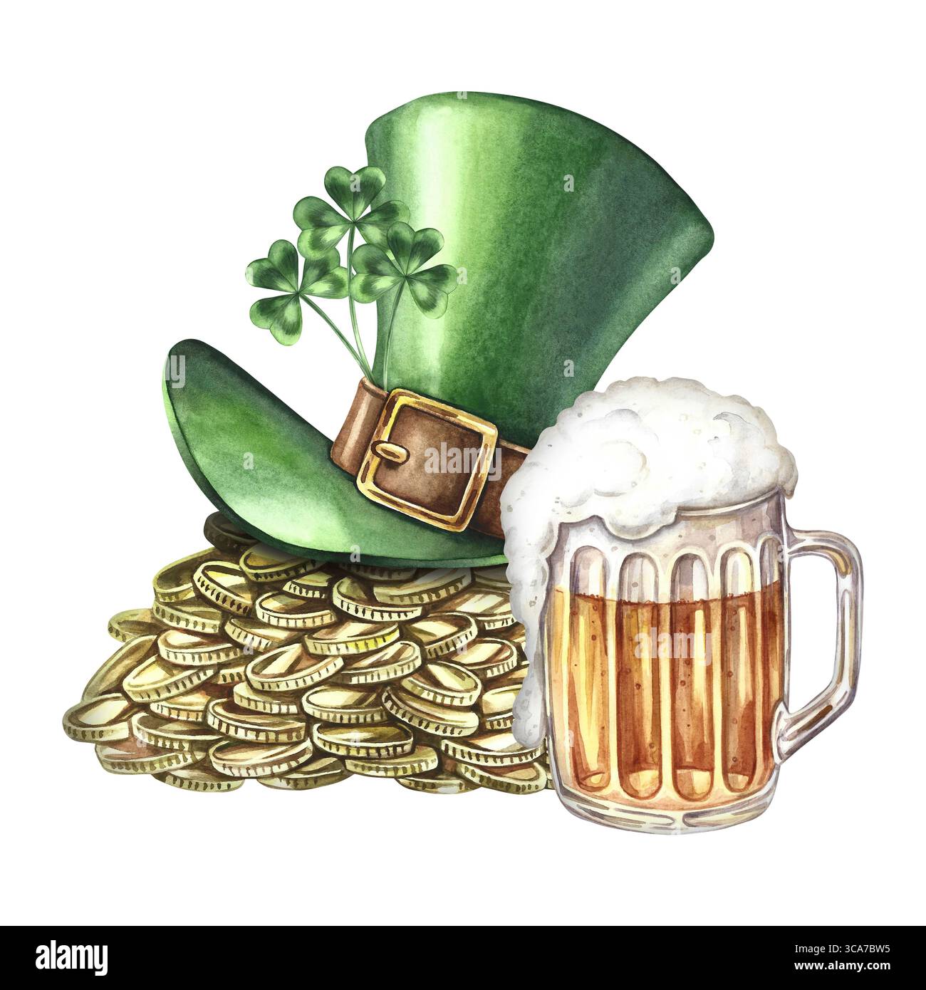 Une pile de pièces d'or sous le chapeau d'un leprechaun et une tasse de bière. Illustration d'aquarelle dessinée à la main. Pour... Patrick's Day. Pour les cartes de vœux Banque D'Images