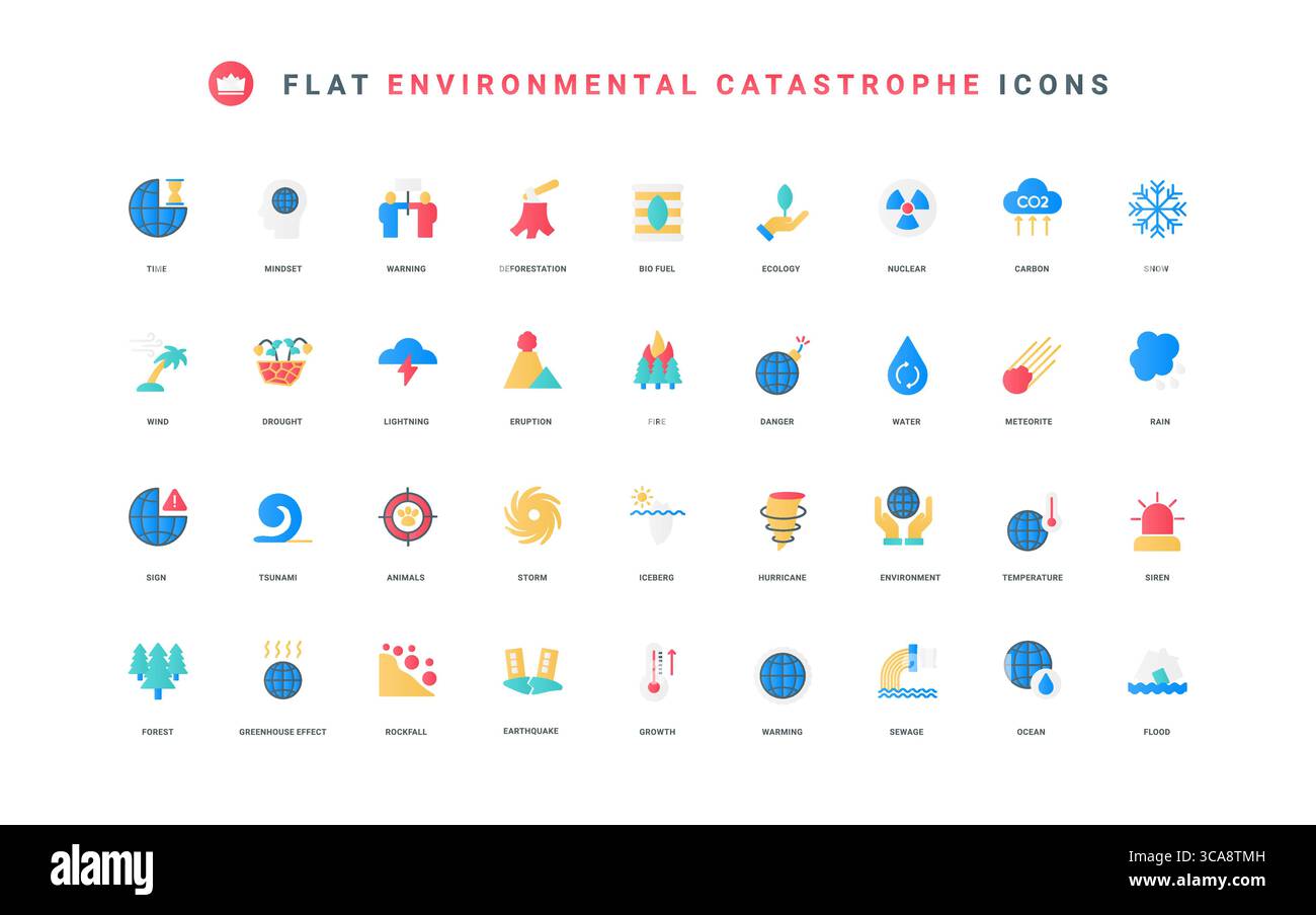 Croissance des émissions de CO2 de température, tremblement de terre et inondation, illustration vectorielle de symboles minces de feu. Calamités naturelles et catastrophes environnementales dues au changement climatique jeu d'icônes plates Illustration de Vecteur