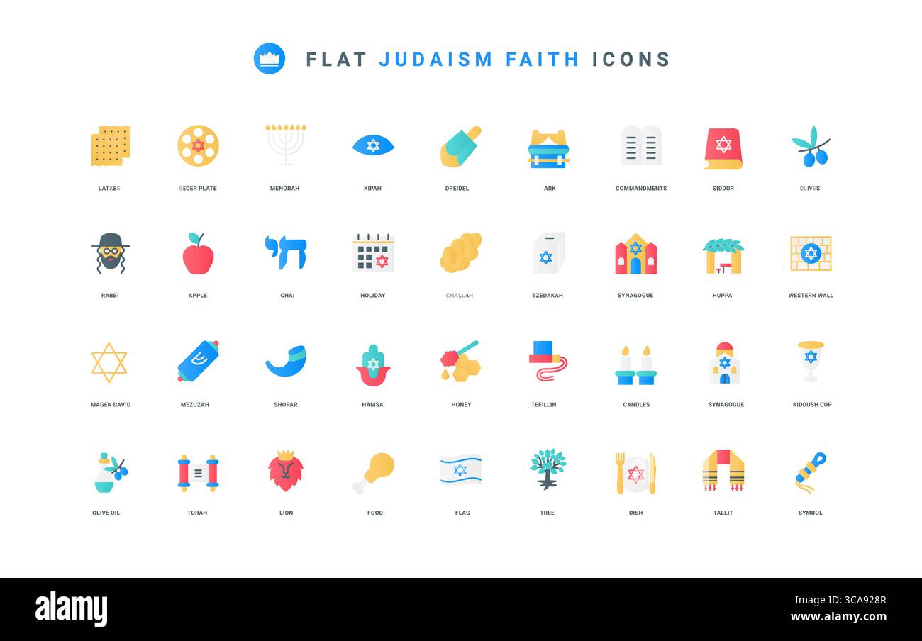 Synagogue et arche de Torah, menorah et shofar, challah, illustration vectorielle mince chuppah. Judaïsme, symboles de la foi, la culture juive et la religion, nourriture de vacances plat ensemble d'icônes Illustration de Vecteur