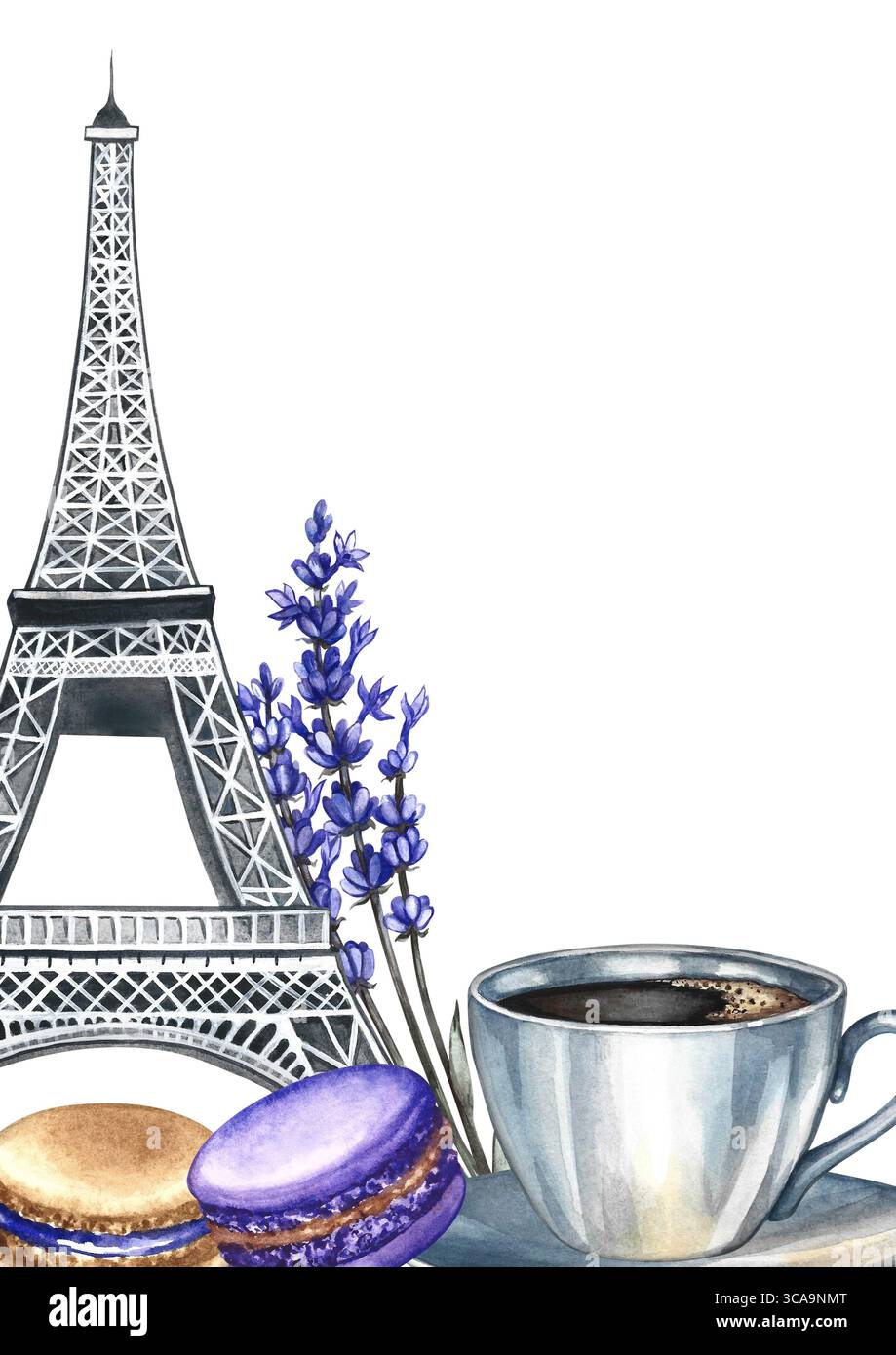 Cadre et image d'une tasse à café, de biscuits aux macarons et aux amandes et de la Tour Eiffel. Illustration d'aquarelle dessinée à la main. Cuisine française. Pour l'emballage Banque D'Images