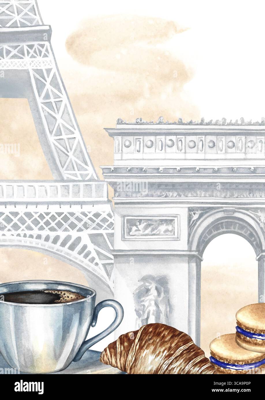 Encadrer avec une photo d'une tasse de café, de pâtisseries françaises, de la Tour Eiffel et de l'Arc de Triomphe à Paris. Illustration d'aquarelle dessinée à la main Banque D'Images