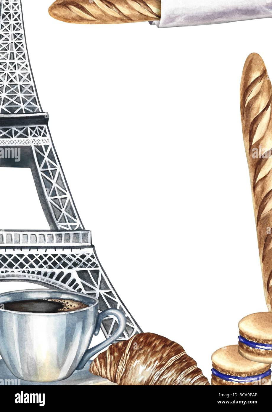 Cadre avec pâtisseries françaises. Illustration d'aquarelle dessinée à la main. Baguette française, biscuit aux amandes, croissant et Tour Eiffel. Pour le menu et la recette Banque D'Images