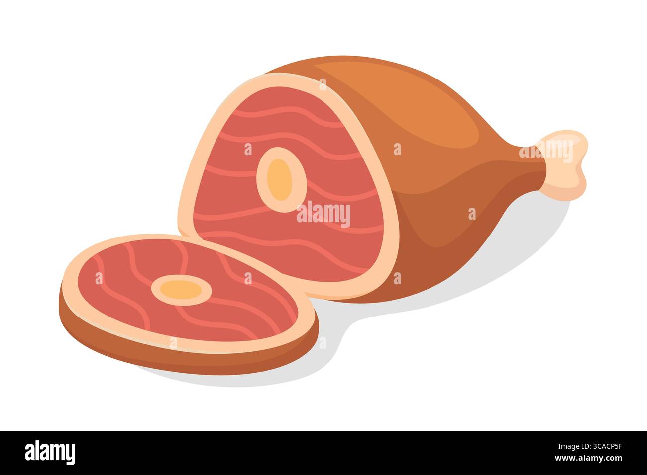 Vector Cartoon Ham avec icône de pièce tranchée. Viande juteuse fraîche, porc coupé, isolé. Clipart pour Boucherie, emballage alimentaire, marché, Menu, produit agricole Illustration de Vecteur