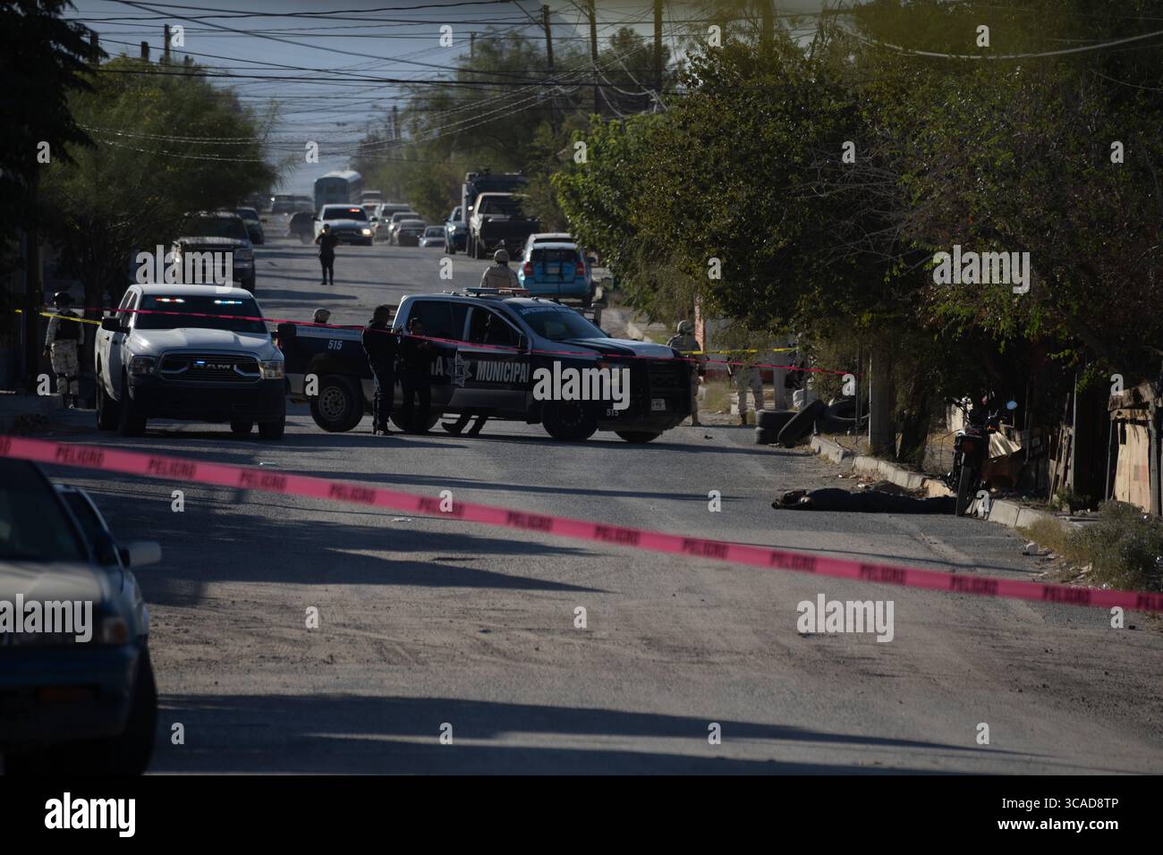 Les forces de l'ordre sécurisent une scène de crime à Ciudad Juarez, une ville en proie à la violence urbaine. Banque D'Images