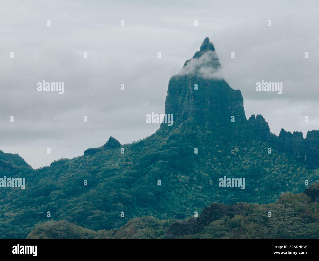 Couvert de nuages, le mont Tohivea s'élève au-dessus de la forêt tropicale luxuriante sur l'île de Moorea. Banque D'Images