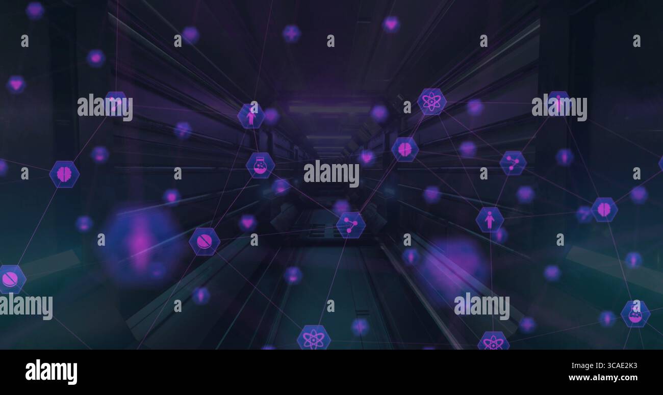 Nœuds violets brillants planant à l'intérieur d'un couloir de données futuriste, montrant des icônes de cerveau de pilule atomique humaine Banque D'Images