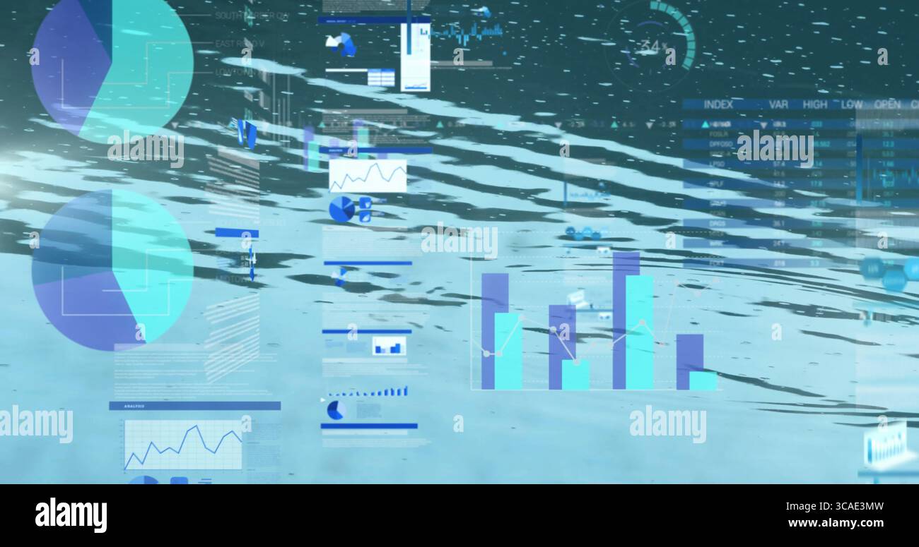 Tableau de bord de données composites flottant au-dessus de la surface virtuelle de l'eau, avec des diagrammes circulaires et des graphiques à barres Banque D'Images