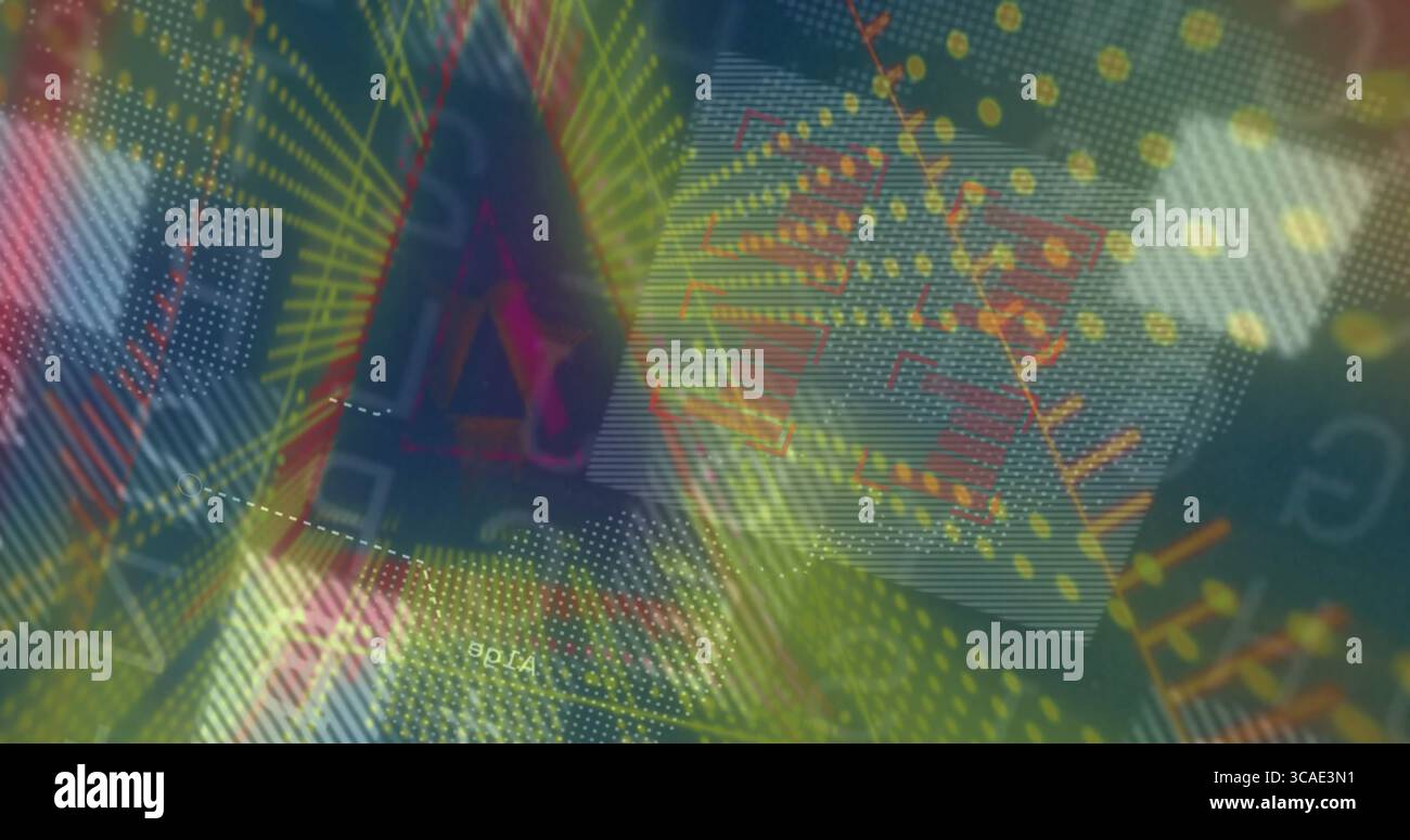 Interface triangle translucide pulsant des lignes radiales néon dans le tableau de bord, avec des caractères numériques Banque D'Images