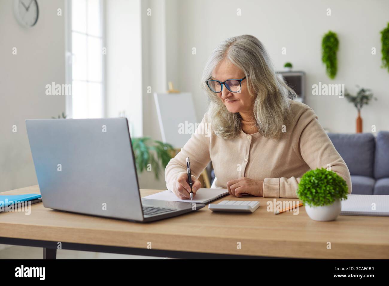 Femme âgée assise au bureau, à la maison, écriture plus ancienne dans le cahier, ordinateur portable, calculer le budget, apprendre Banque D'Images