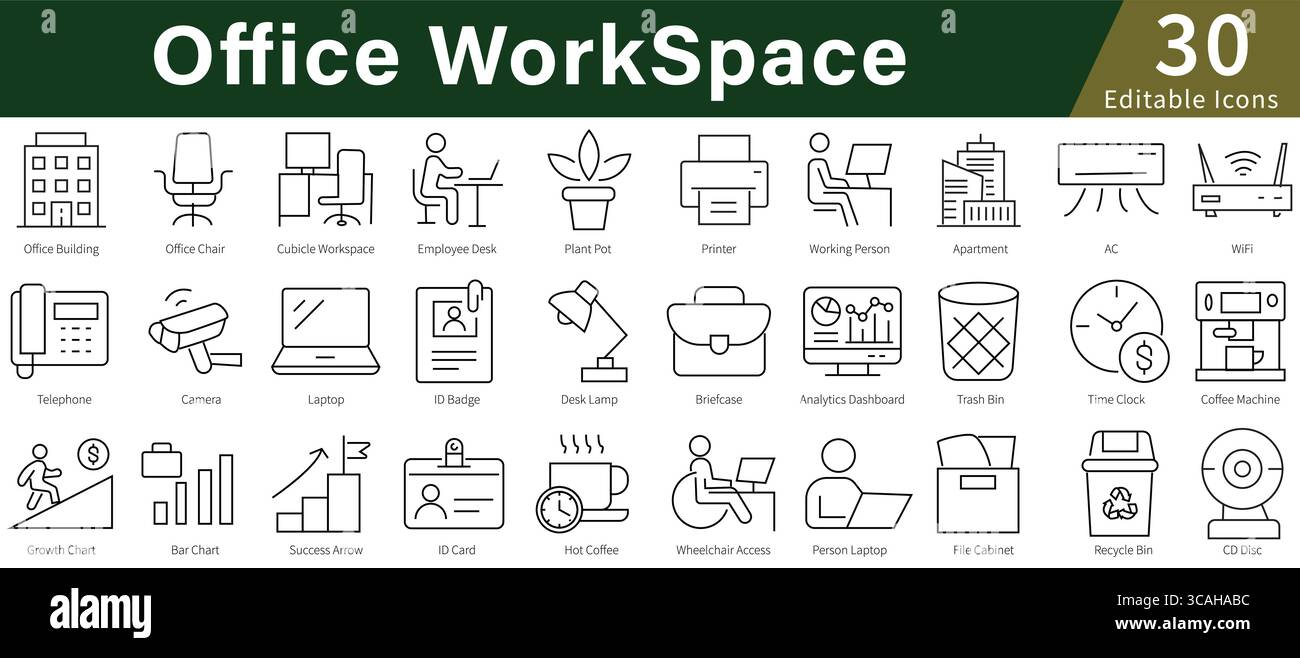 Icônes de ligne modifiables de l'espace de travail Office définies pour l'environnement professionnel, professionnel, d'entreprise et de lieu de travail Illustration de Vecteur Icônes de ligne modifiables de l'espace de travail Office définies pour l'environnement professionnel, professionnel, d'entreprise et de lieu de travail Illustration de Vecteur