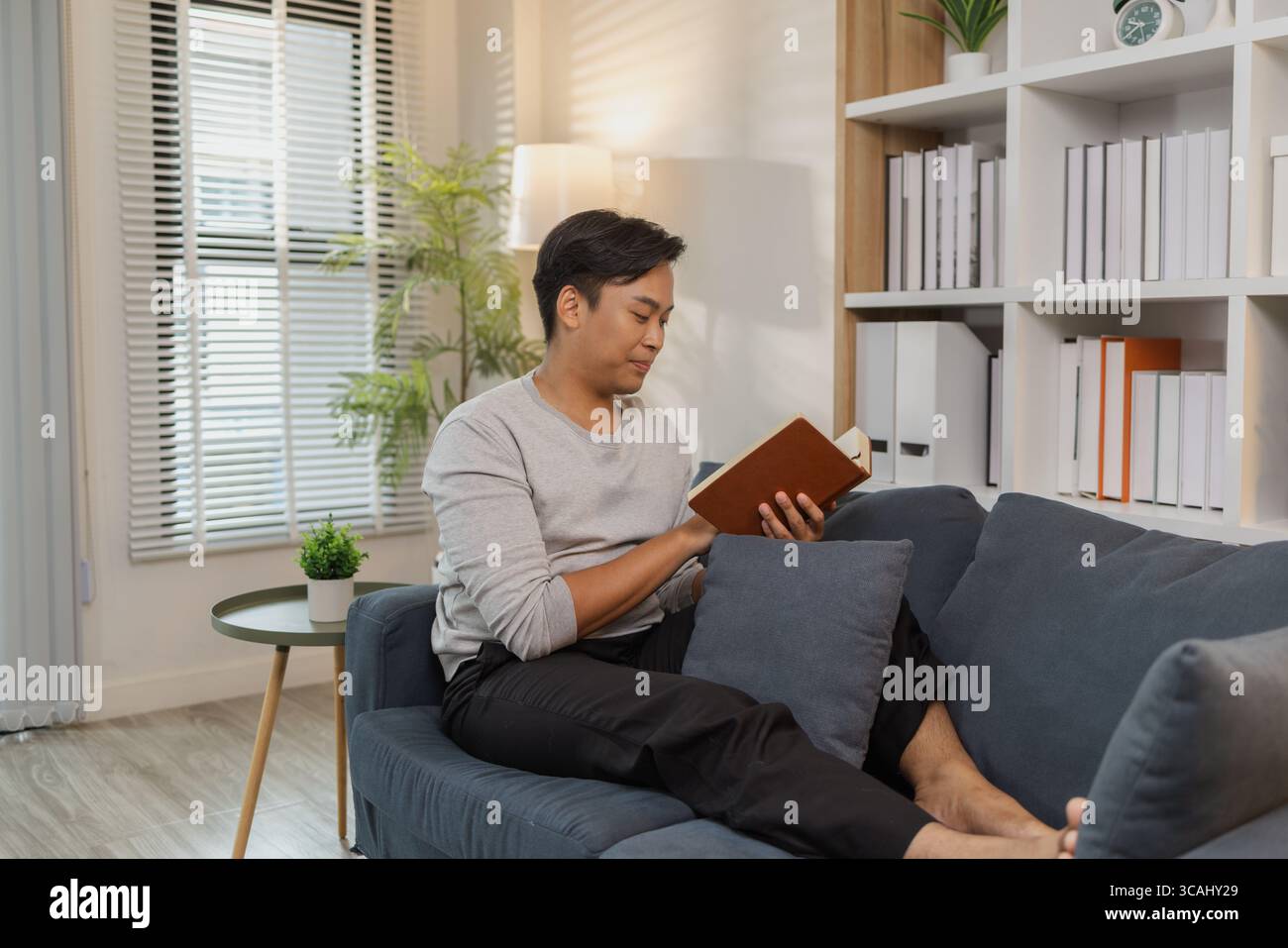 Un jeune homme se détache sur un canapé, lisant un livre avec une expression calme. Il aime le temps calme et la détente personnelle, trouver la paix et le confort whil Banque D'Images