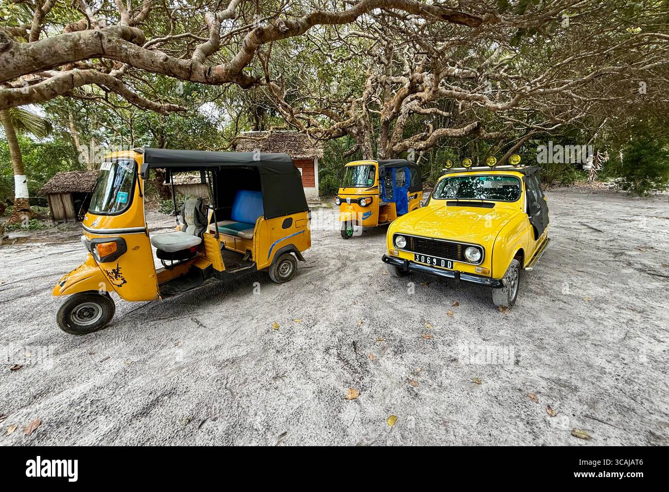 Transport local sur l'île Sainte-Marie : un tuk-tuk coloré et un vieux Renault 4L utilisé pour les visites de l'île et les déplacements quotidiens dans la campagne de Madagascar. Banque D'Images