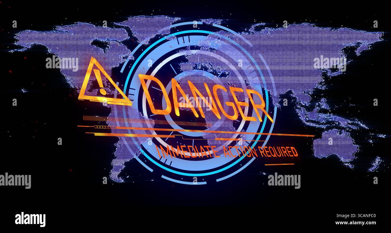 Affichage des anneaux HUD à l'écran, avec icône d'avertissement, DANGER, ACTION IMMÉDIATE REQUISE, carte du monde Banque D'Images
