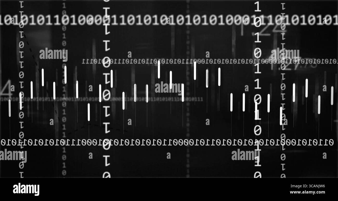 Diffusion de chiffres binaires à travers l'interface numérique avec colonnes verticales, lignes horizontales, barres de données Banque D'Images