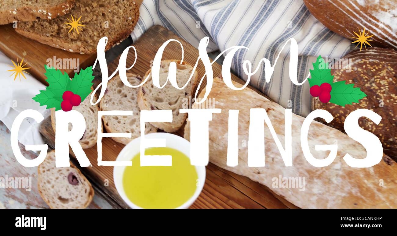 Affichage du levain et des tranches ensemencées sur du linge de lin dans la cuisine avec de l'huile d'olive et des feuilles de houx Banque D'Images