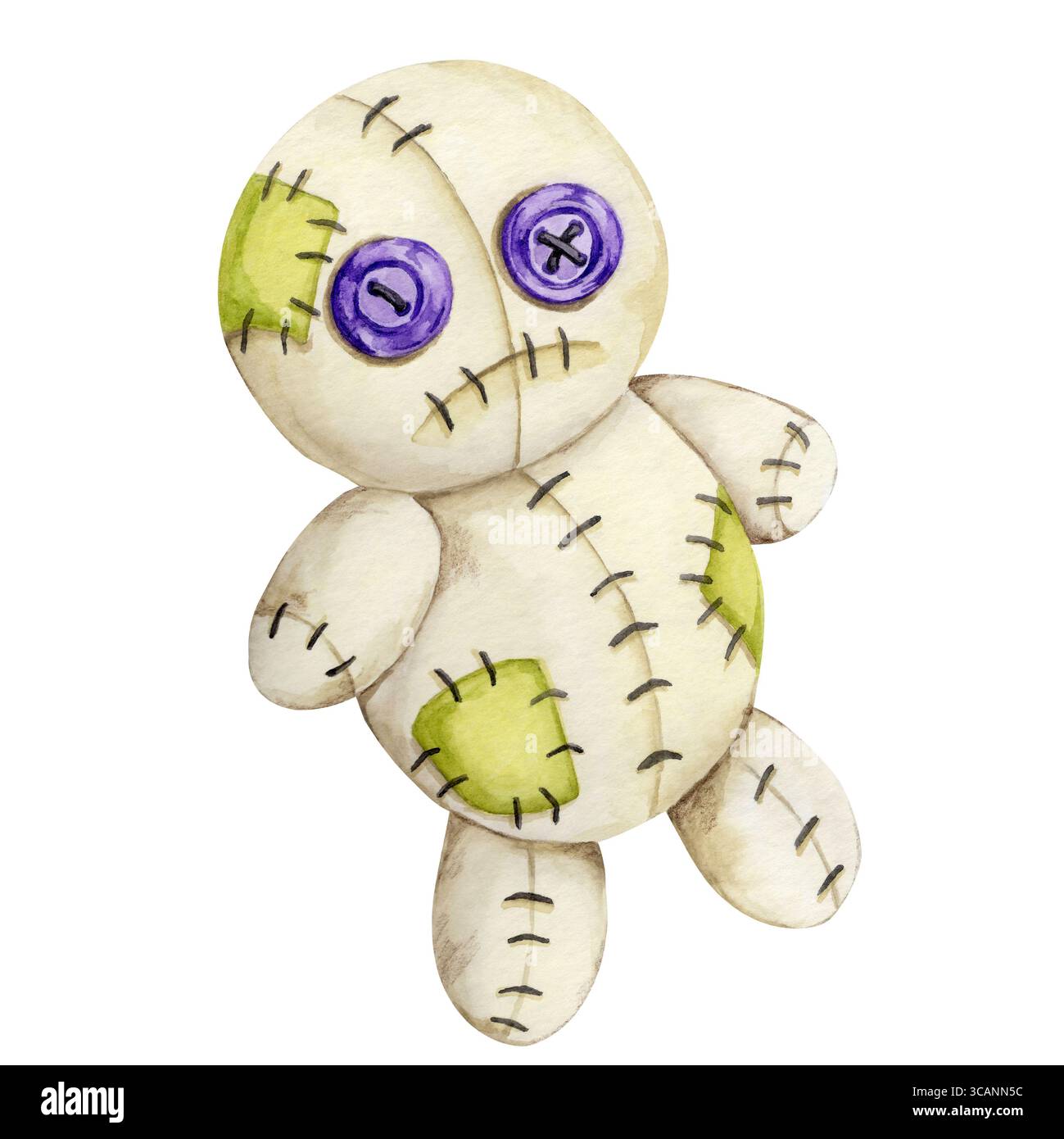 Poupée vaudou beige avec patch vert et boutons yeux en illustration aquarelle. Idéal pour les kits de bricolage d'Halloween, le décor de fête à thème, les accessoires de planificateur ou les projets d'artisanat sombre Banque D'Images