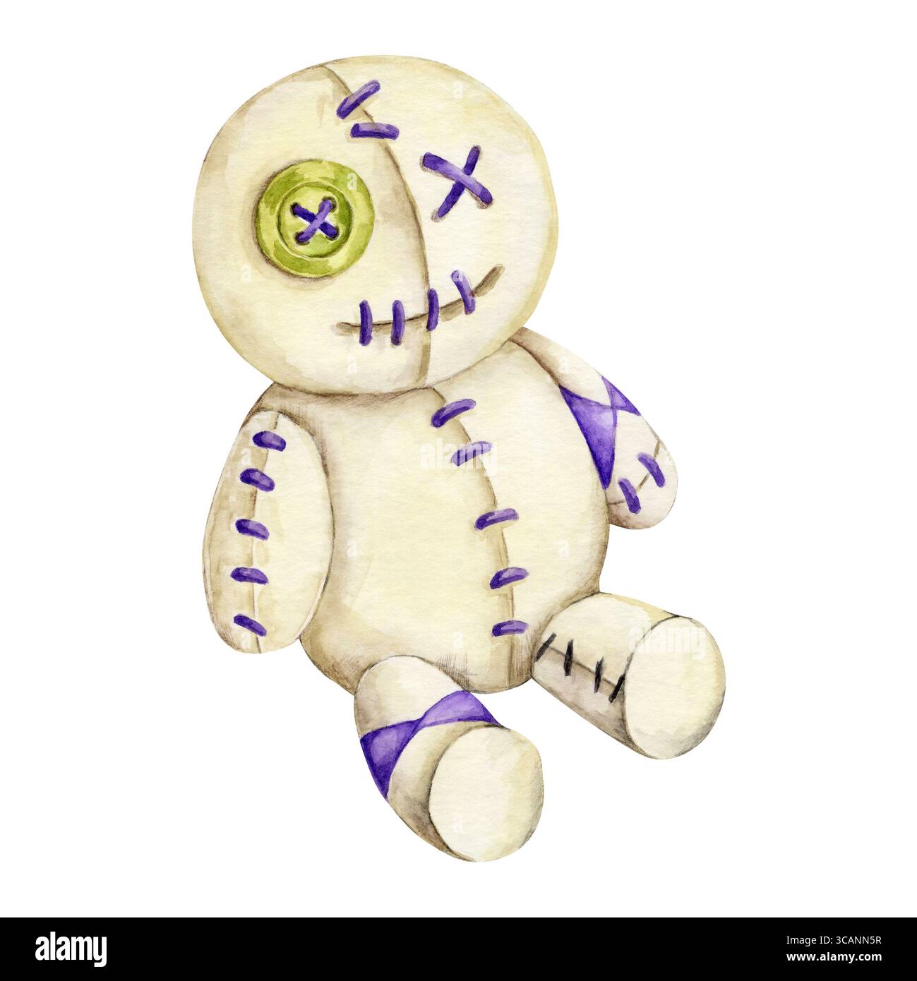 Poupée vaudou avec coutures violettes et bouche cousue en clipart aquarelle. Idéal pour les graphiques d'octobre, les ensembles imprimables effrayants, les invitations gothiques et les éléments de planification d'Halloween Banque D'Images