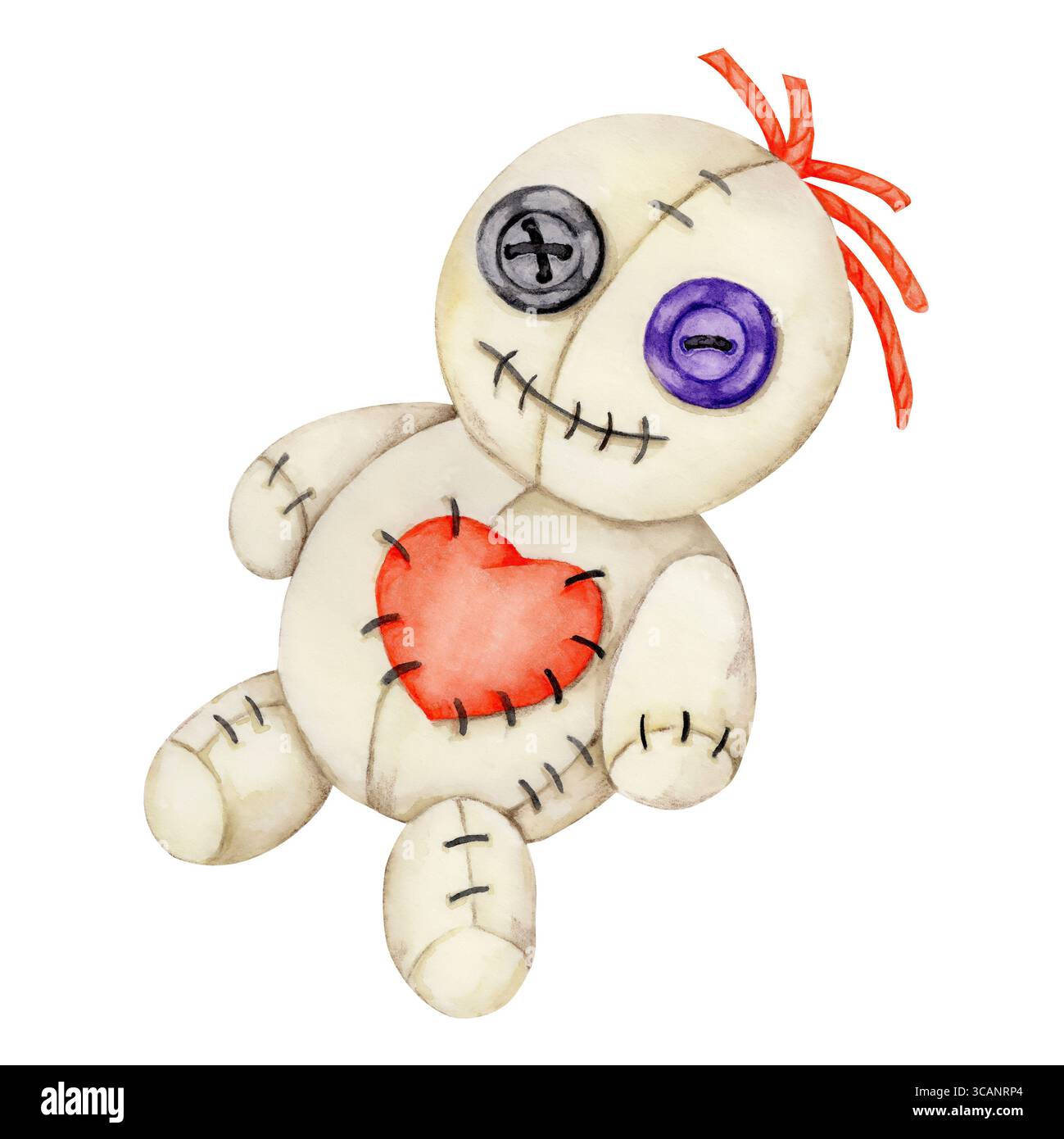Poupée voodoo cousue avec coeur rouge et yeux bouton en clipart aquarelle. Parfait pour les ensembles d'autocollants effrayants, la conception de cartes d'Halloween, les éléments gothiques et les imprimés de costumes. Banque D'Images