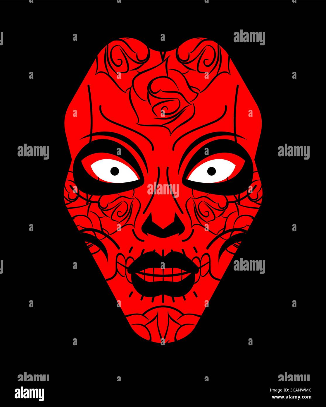 Terrifiant visage de démon rouge avec des yeux blancs brillants et des motifs abstraits. Parfait pour l'horreur, la fantaisie sombre, ou les designs sur le thème d'Halloween. Illustration de Vecteur