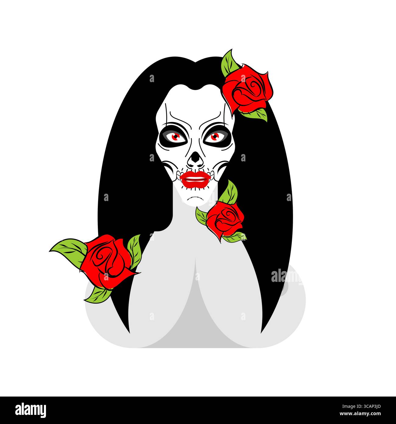 Belle femme avec le visage du crâne et des roses rouges dans les cheveux. Illustration gothique symbolisant l'unité de la beauté et de la mort, inspirée par l'aest du jour des morts Illustration de Vecteur