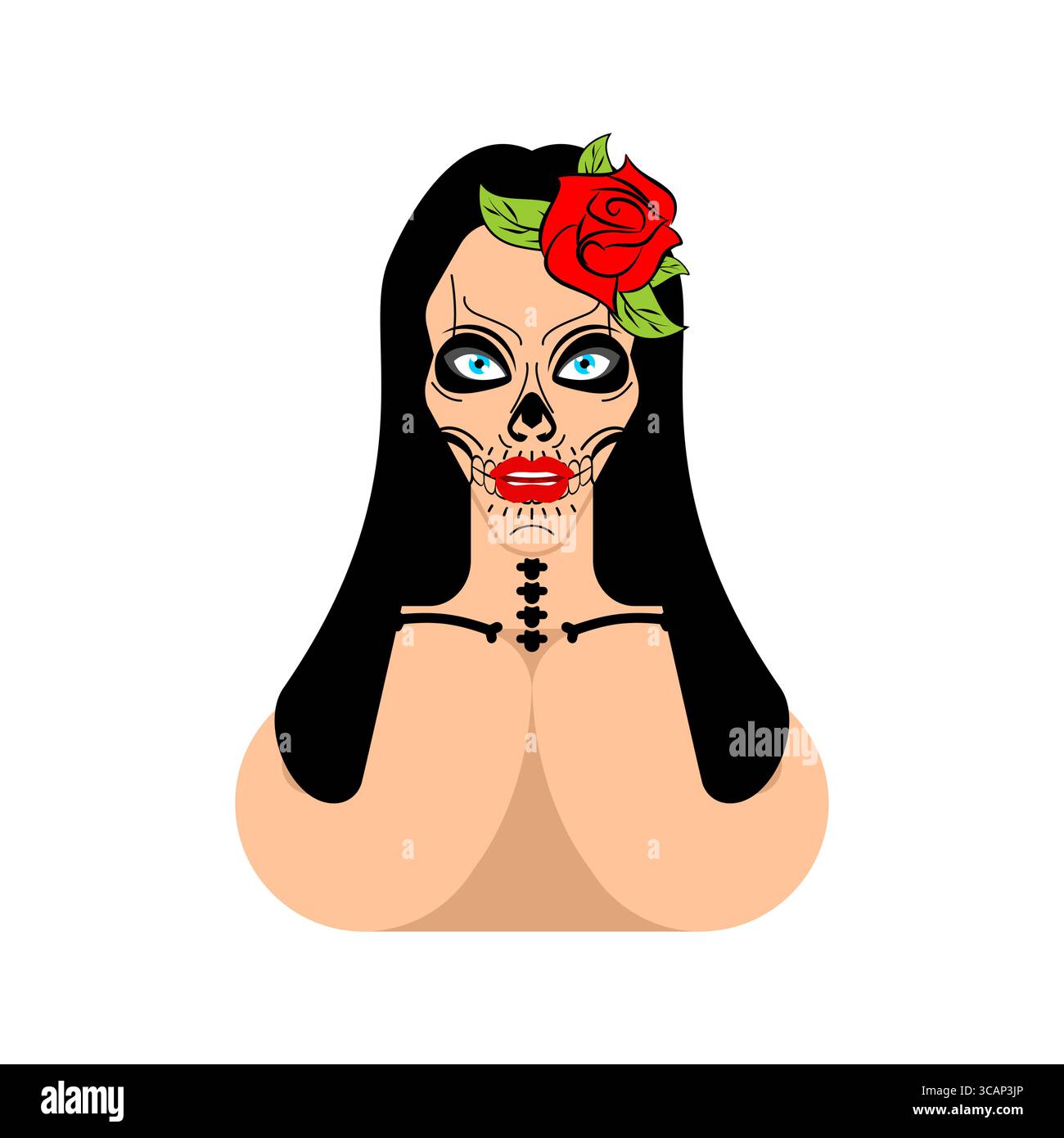 Belle femme avec un crâne de sucre et des roses dans ses cheveux, inspirée par Dia de los Muertos. Illustration élégante et symbolique mêlant beauté et d. Illustration de Vecteur