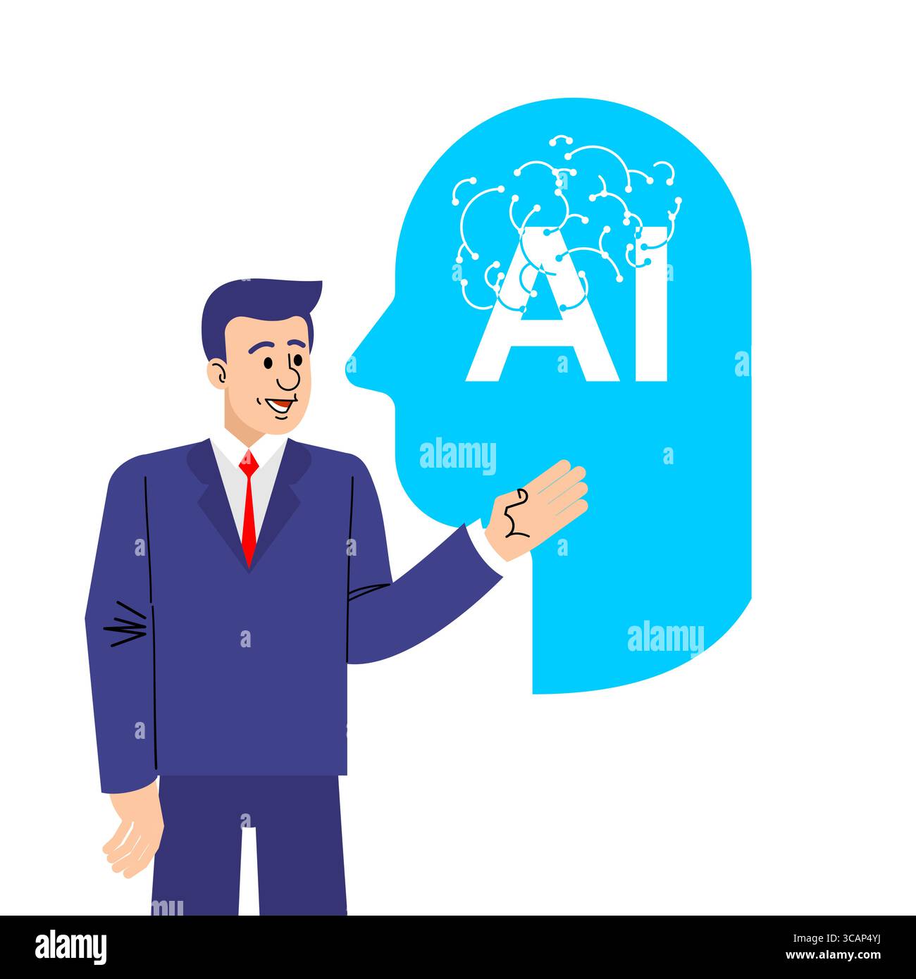 Homme d'affaires introduisant la technologie de l'intelligence artificielle. Icône de tête IA symbolisant l'innovation, les réseaux neuronaux et la technologie future. Convient pour presen Illustration de Vecteur