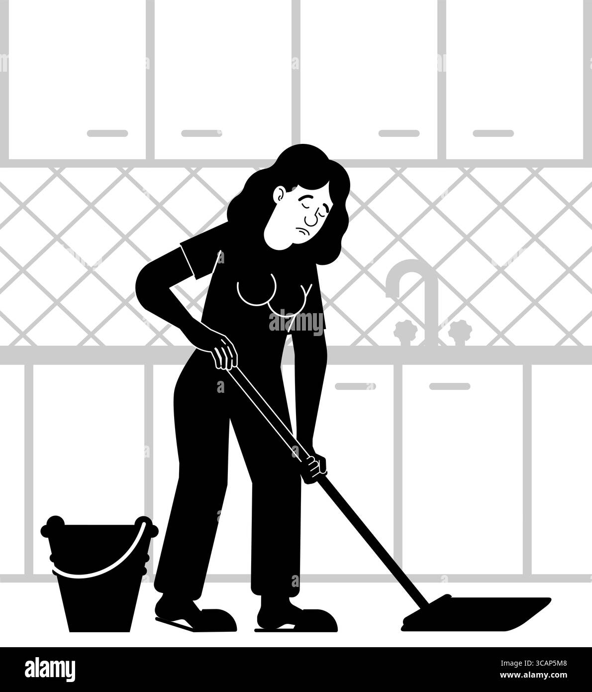 femme nettoyant le sol de la cuisine avec une serpillière et un seau. Hygiène domestique, travail acharné, propreté et tâches courantes. Illustration de Vecteur