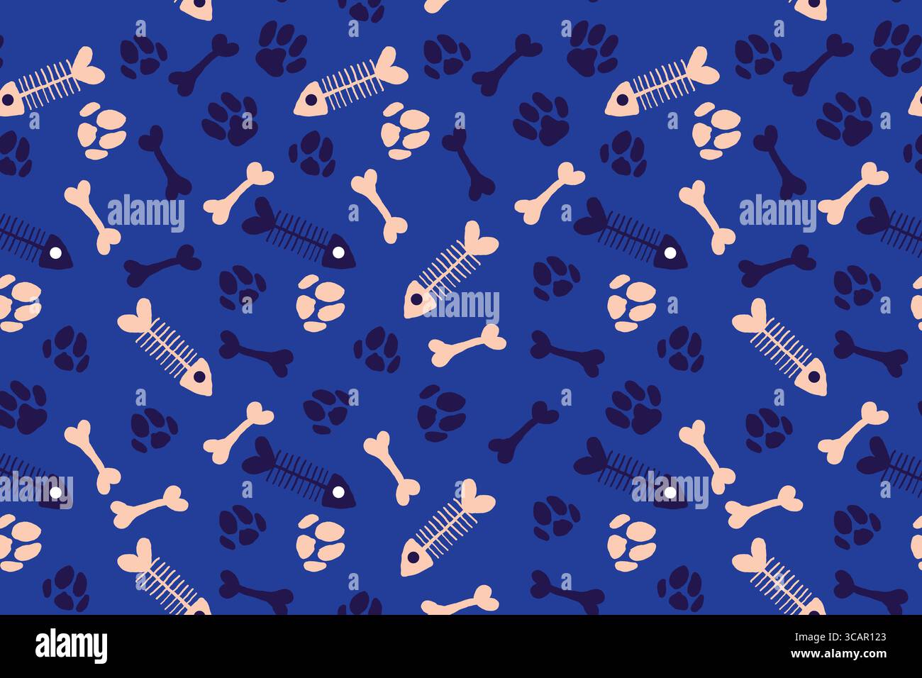 Empreintes de pattes ludiques et poissons et os sur fond bleu. Mignon sans couture de pattes d'animaux et des coeurs esquissés. Idéal pour la mode, l'emballage, les cartes Illustration de Vecteur