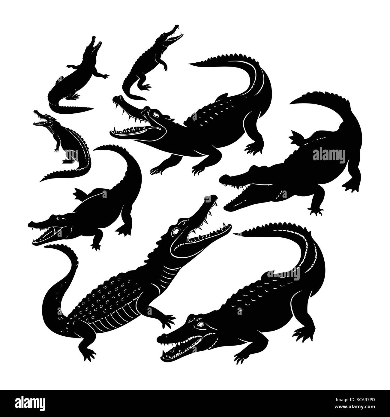 Collection de silhouettes American Alligator et crocodile dans diverses poses Illustration de Vecteur