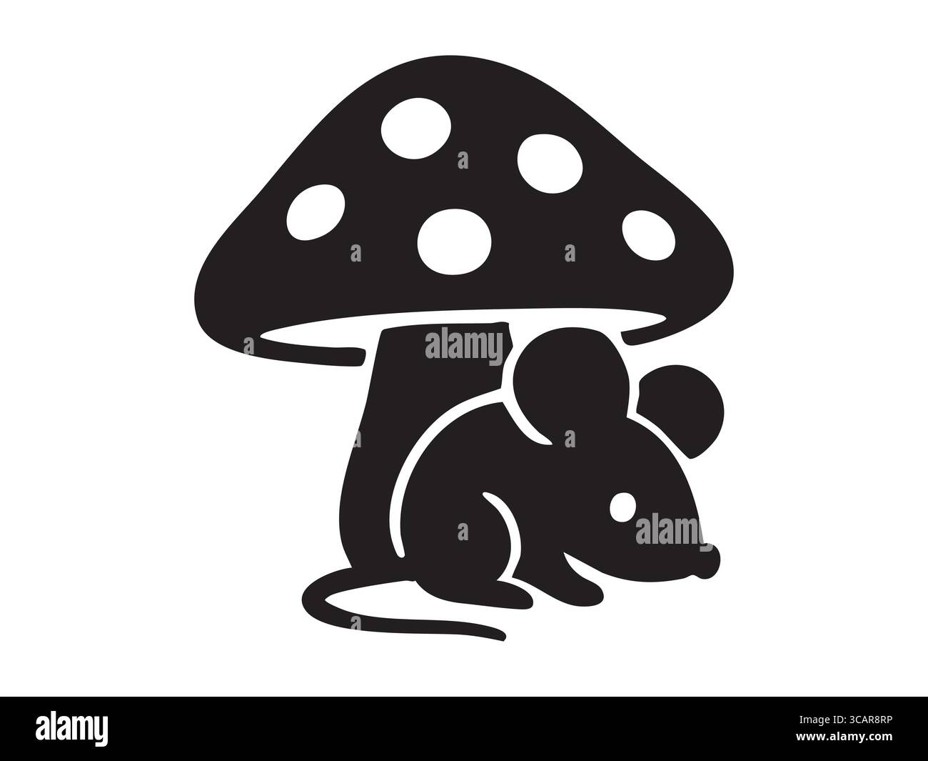 Silhouette noire de souris assise sous un champignon, isolée sur fond blanc. concept de petit animal, faune forestière, rongeur mignon, champignons, icône, lo Illustration de Vecteur