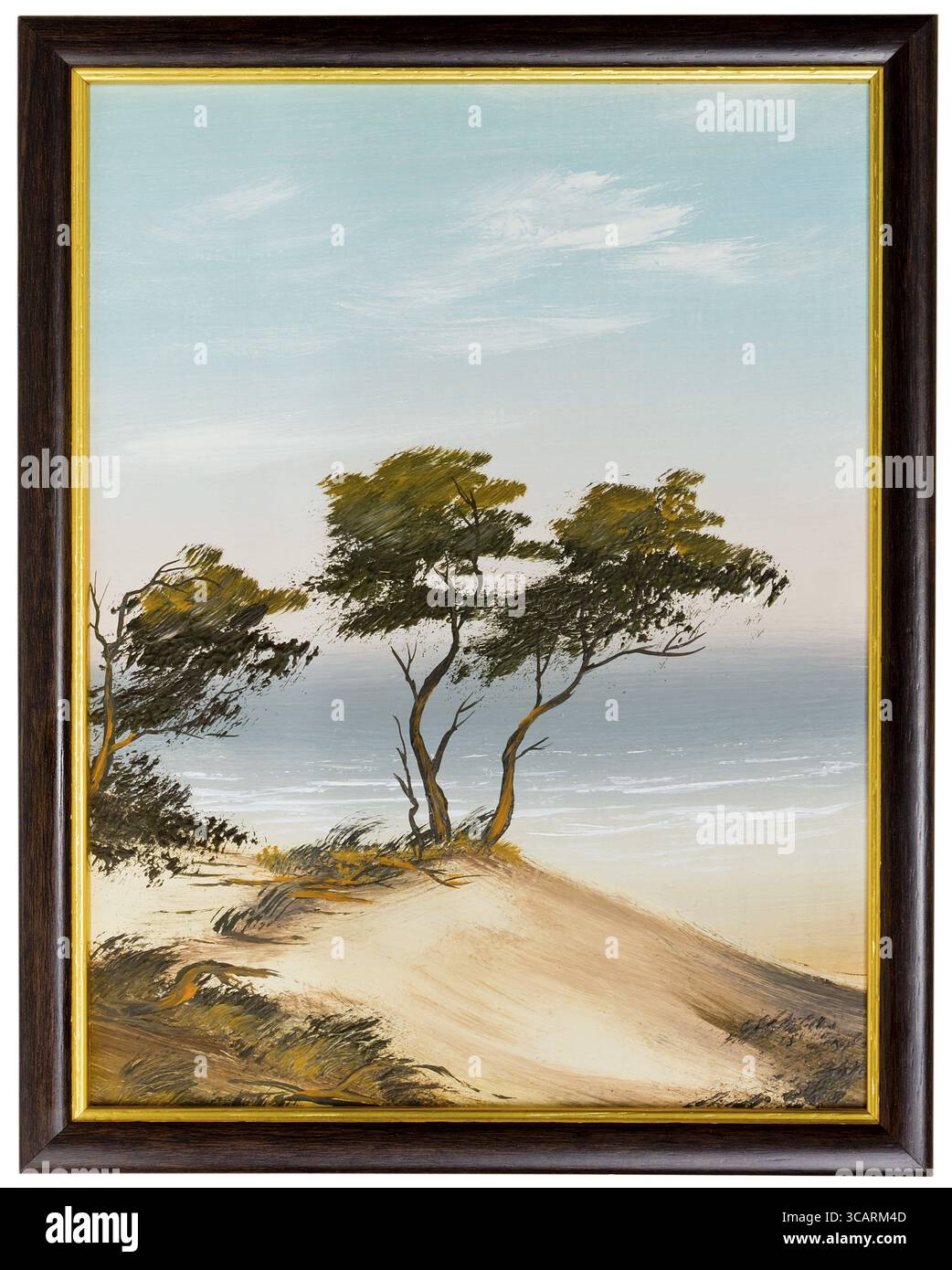 La mer Baltique nord paysage d'automne vent- pins et dunes de sable de l'huile fait main peinture art dans de vieux châssis en bois Banque D'Images