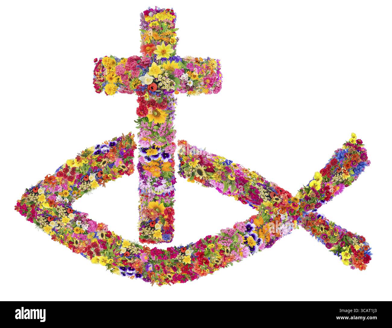 Symbole du nom de Jésus Christ - Poisson et une croix - à base de fleurs d'été. Abstract collage isolé fait main Banque D'Images