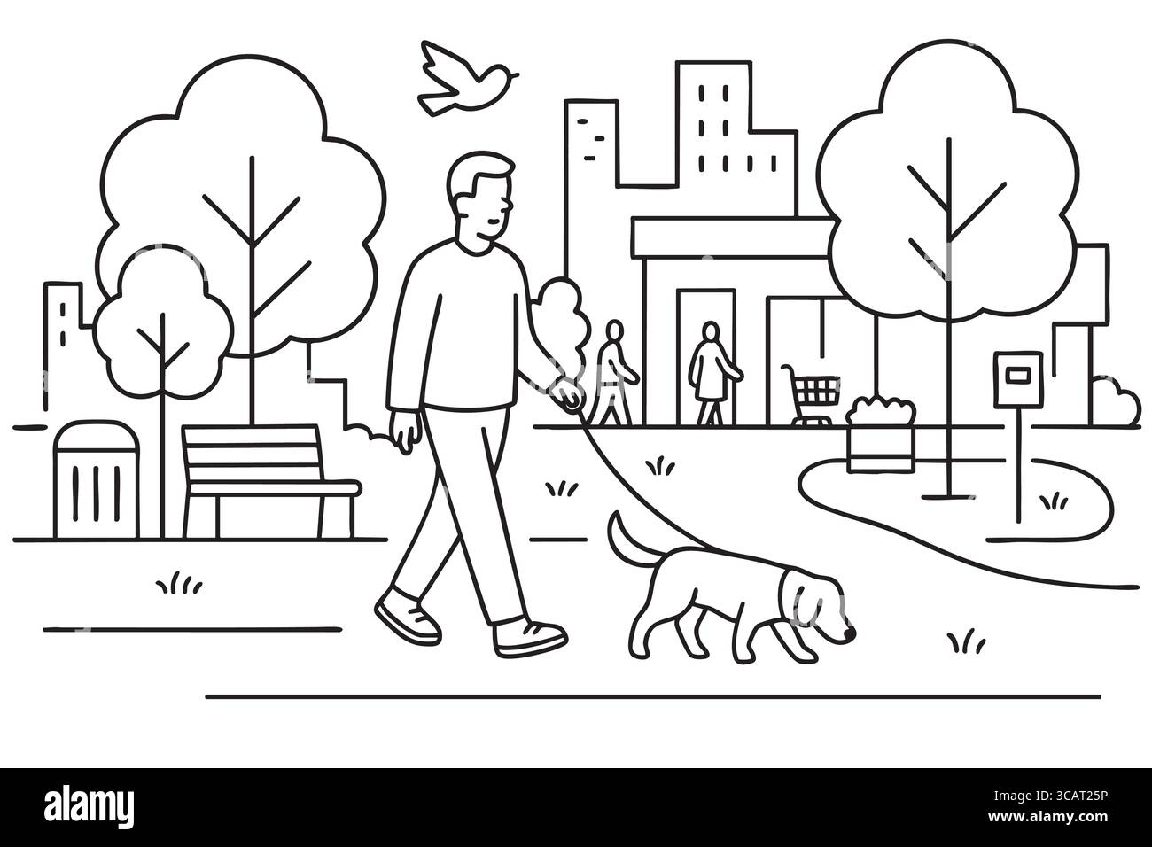 Homme promenant chien dans le parc de la ville avec des arbres, des bancs, des poubelles et des bâtiments. Illustration de Vecteur