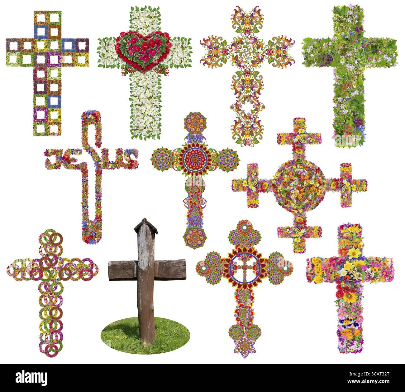 Ensemble de croix florales Jésus. Isolé sur collage abstrait blanc fait à la main à partir de fleurs d'été et de feuilles vertes. Images en taille réelle dans mon portfolio Banque D'Images