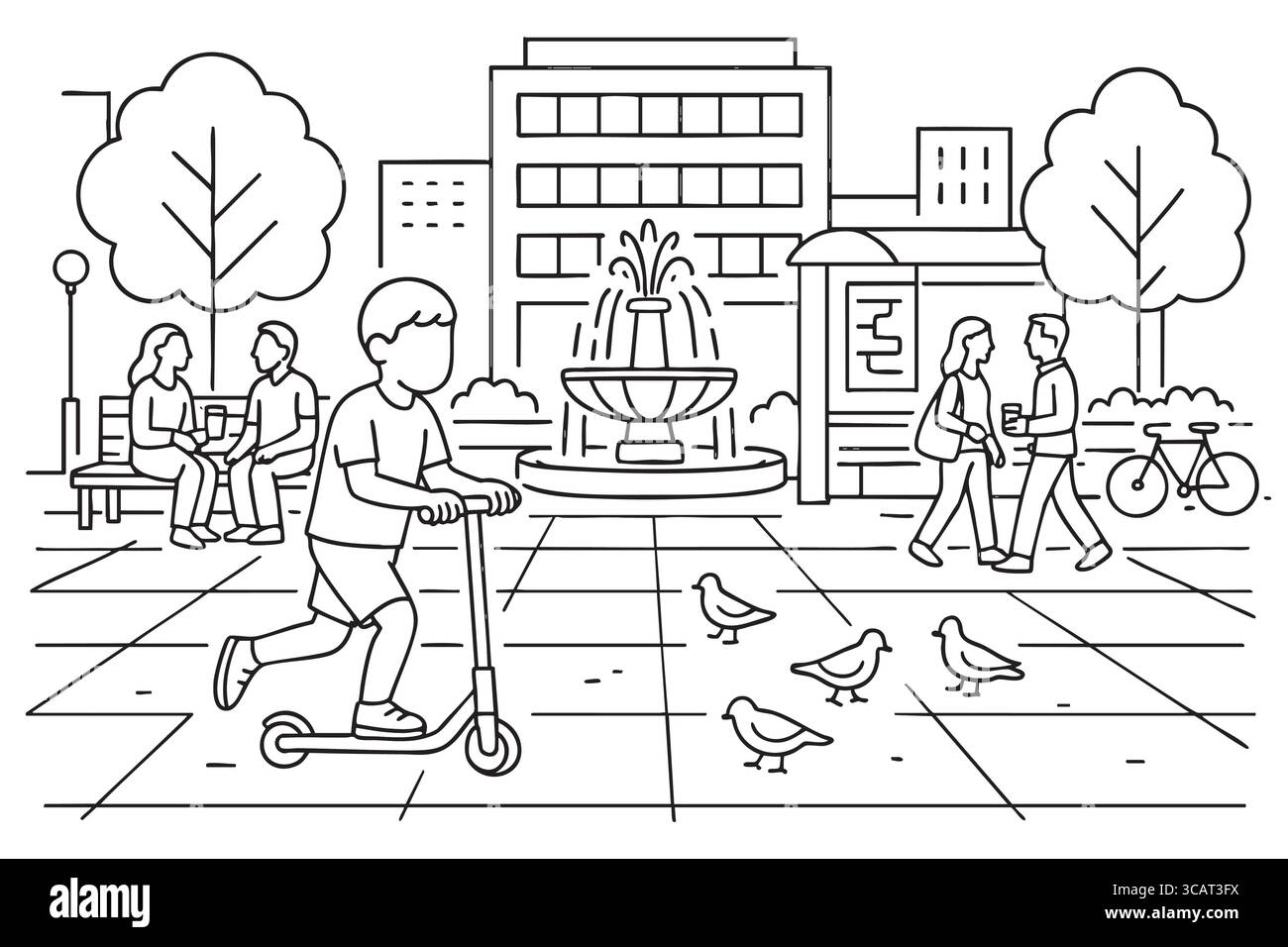 Garçon chevauchant scooter dans la place de la ville avec des oiseaux de fontaine et des gens Illustration de Vecteur